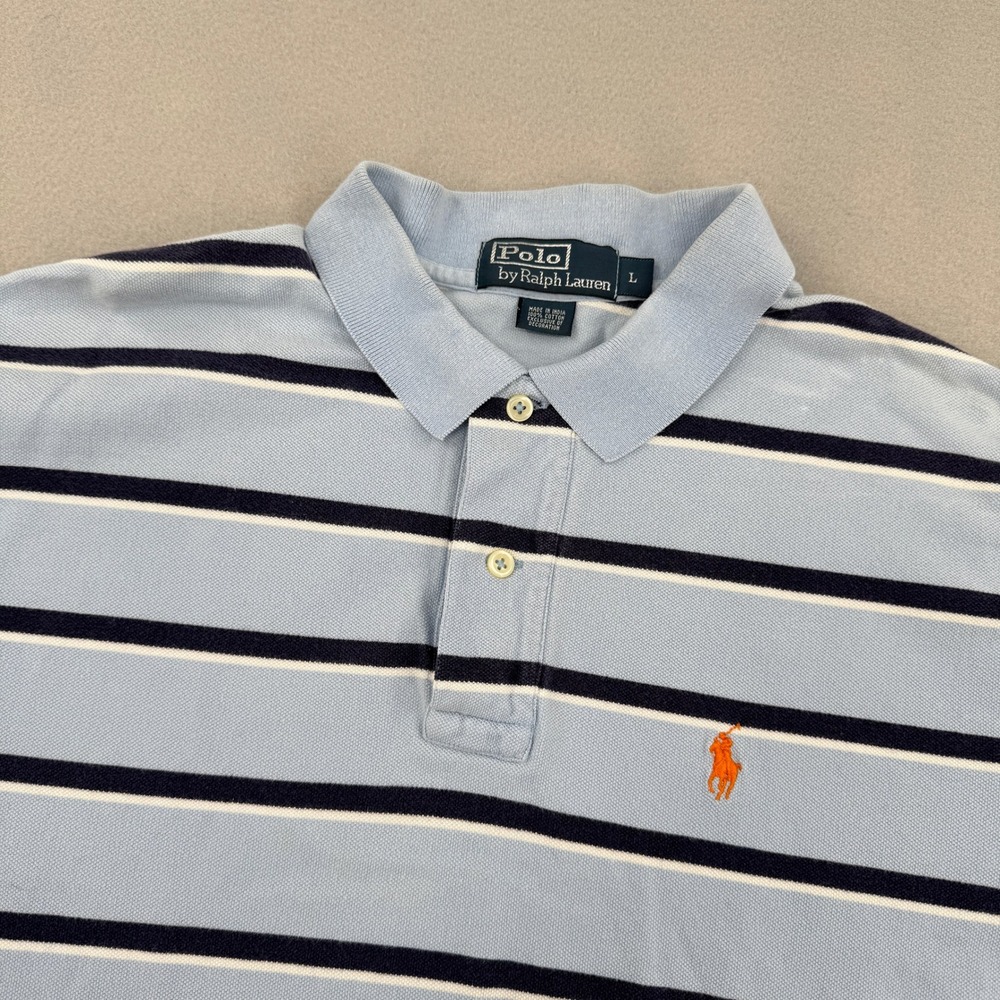 Polo Ralph Lauren Short Sleeve Pique Polo Shirt Mens L Blue Striped Orange Pony